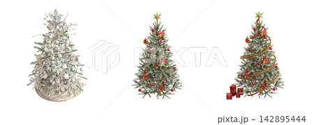 Christmas tree with decorations, isolated on white background, 3D illustration, cg render 142895444
