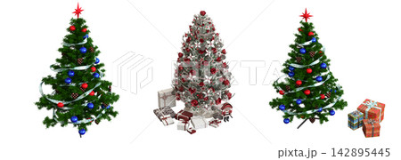 Christmas tree with decorations, isolated on white background, 3D illustration, cg render 142895445