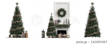 Christmas tree with decorations, isolated on white background, 3D illustration, cg render 142895467