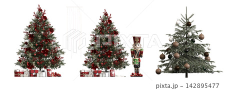 Christmas tree with decorations, isolated on white background, 3D illustration, cg render 142895477