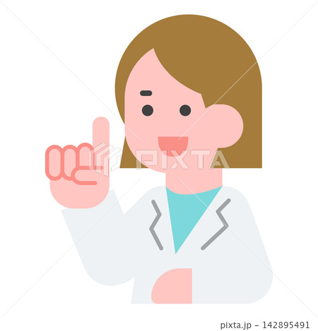 人差し指を立ててヒントを伝える白衣の女性医師のイラスト 人差し指を立ててヒントを伝える白衣の女性医師のイラスト 142895491