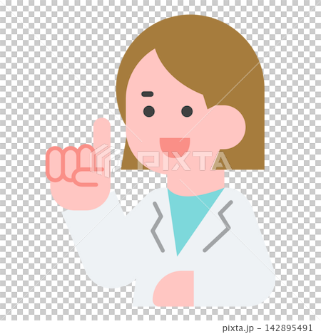 人差し指を立ててヒントを伝える白衣の女性医師のイラスト 人差し指を立ててヒントを伝える白衣の女性医師のイラスト 142895491