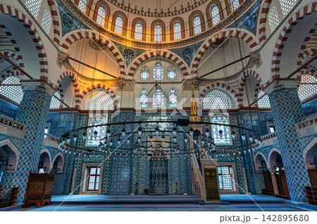 Interior of the historic Rustem Pasha Mosque featuring intricate Iznik tiles in Istanbul, Turkey Interior of the historic Rustem Pasha Mosque featuring intricate Iznik tiles in Istanbul, Turkey 142895680