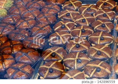Easter Hot Cross Buns Display - Perfect for Holiday Celebrations and Bakery Decor Easter Hot Cross Buns Display - Perfect for Holiday Celebrations and Bakery Decor 142896559