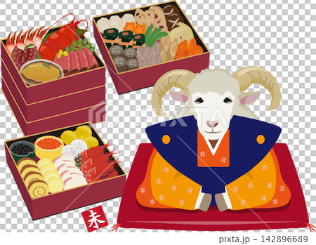 Sheep and New Year's dishes in a red bento box Sheep and New Year's dishes in a red bento box 142896689