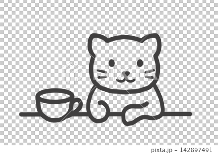 A simple line drawing illustration of a cat relaxing with a coffee cup. A simple line drawing illustration of a cat relaxing with a coffee cup. 142897491