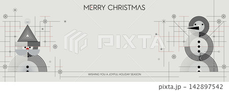 Merry Christmas greeting banner with geometric Santa Vlaus and snowman modern retro style on light gray background horizontal template have blank space. 142897542