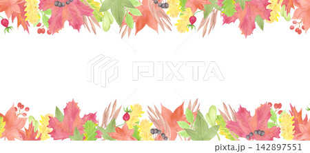 Hand drawn watercolor leaves and berries banner frame border. Autumn illustration isolated on white background. Can be used for cards, invitations and autumn or thanksgiving design Hand drawn watercolor leaves and berries banner frame border. Autumn illustration isolated on white background. Can be used for cards, invitations and autumn or thanksgiving design 142897551