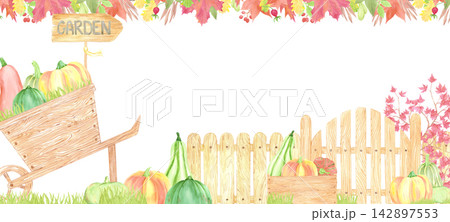 Hand drawn watercolor harvest garden banner border. Autumn illustration isolated on white background. Can be used for thanksgiving banner, card or autumn design. 142897553