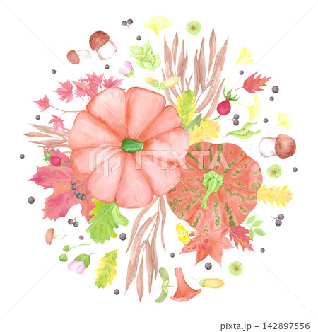Hand drawn watercolor autumn label frame border, illustration of pumpkins and mushrooms isolated on white background. Can be used for textile, card and thanksgiving or autumn design. 142897556
