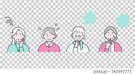 Illustrations of four senior women feeling worried or anxious. Illustrations of four senior women feeling worried or anxious. 142897771