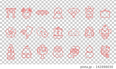 お正月のアイコンセット ベクター イラスト 線 正月 和風 新春 素材 背景 年賀状 パーツ 赤 朱 お正月のアイコンセット ベクター イラスト 線 正月 和風 新春 素材 背景 年賀状 パーツ 赤 朱 142898030