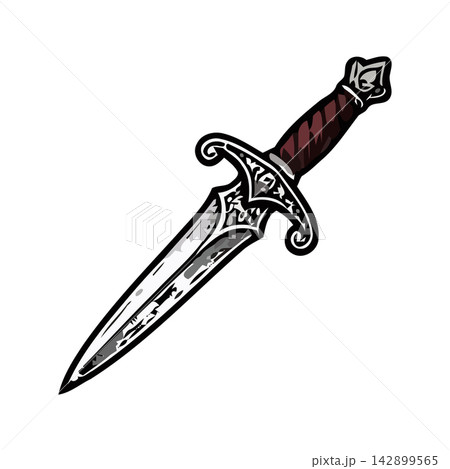 Detailed black ink drawing of a classic curved sword, perfect for historical comics or vintage tattoo designs. 142899565