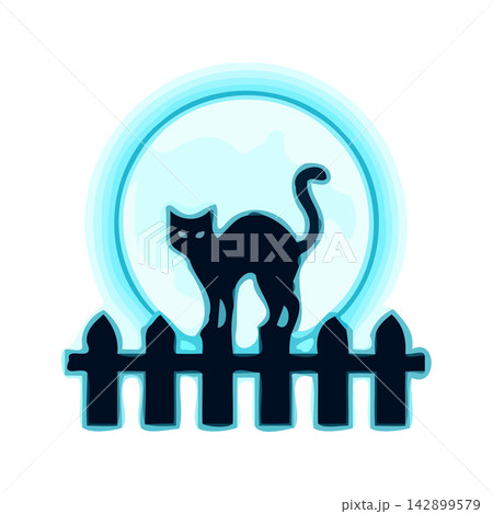 Adorably simple illustration of a playful cartoon cat against a soft, ethereal blue backdrop. 142899579
