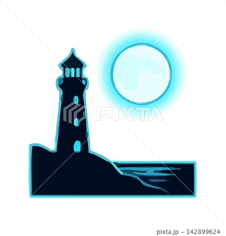 A minimalist, stylized vector drawing showing a coastal lighthouse against a dramatic sunset sky. Ideal for nautical themes. 142899624