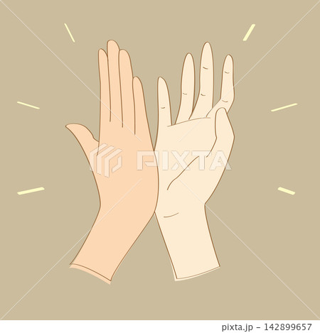 ハイタッチで協力と成功を表現する手のおしゃれな線画イラスト 142899657