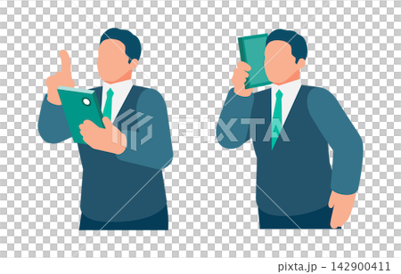 An illustration of a businessman using a smartphone to make a call. An illustration of a businessman using a smartphone to make a call. 142900411