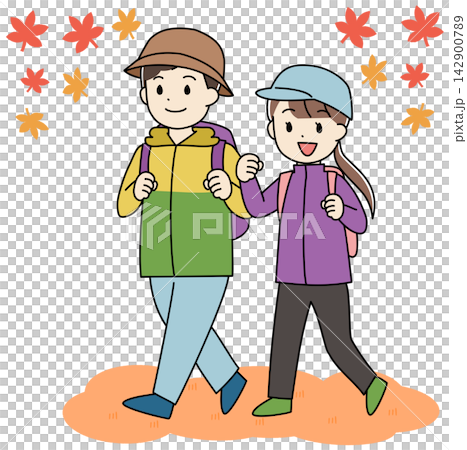 一幅描繪年輕男女秋季健行的插圖。 一幅描繪年輕男女秋季健行的插圖。 142900789