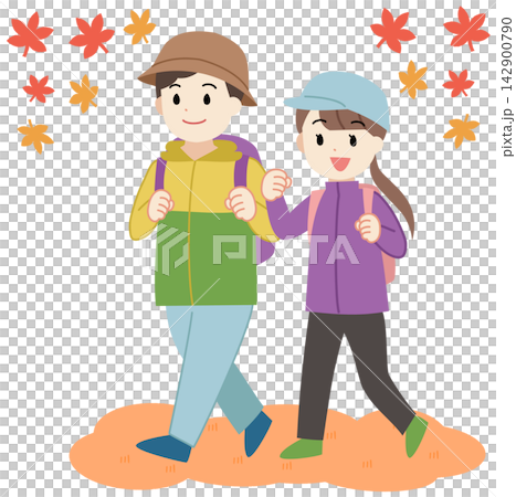 An illustration of a young man and woman hiking and traveling in the fall. An illustration of a young man and woman hiking and traveling in the fall. 142900790