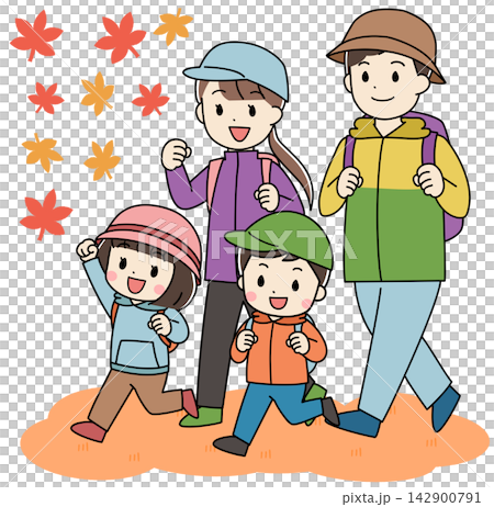 An illustration of a family hiking in the fall. An illustration of a family hiking in the fall. 142900791