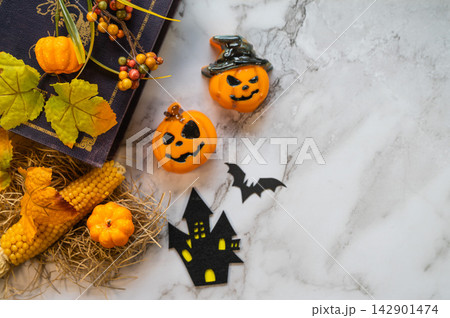 マーブル背景のハロウィンデザイン 142901474