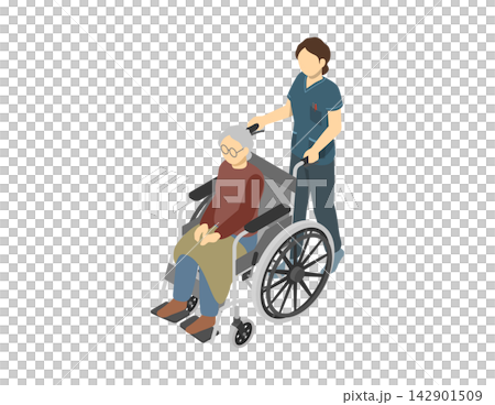 アイソメトリックイラスト：車いすのおばあさんと介護士(前) 142901509