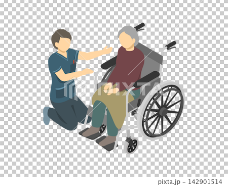 等距插圖:一位護理員正在與一位坐在輪椅上的老婦人交談。 等距插圖:一位護理員正在與一位坐在輪椅上的老婦人交談。 142901514