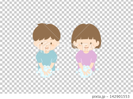 男孩和女孩一起洗手的插圖。 142901553