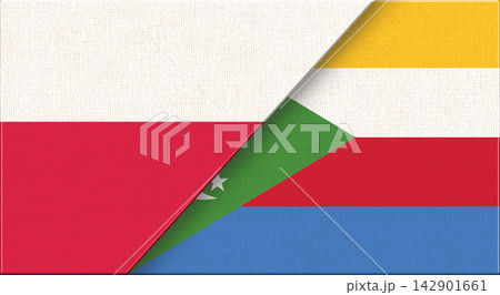 Double flag of Poland and Comoros on fabric texture - 3D illustration. 142901661