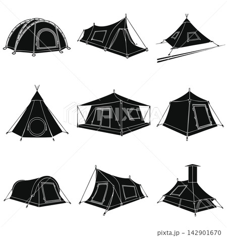 The image shows a set of nine black-and-white vector illustrations depicting various styles of camping tents The image shows a set of nine black-and-white vector illustrations depicting various styles of camping tents 142901670