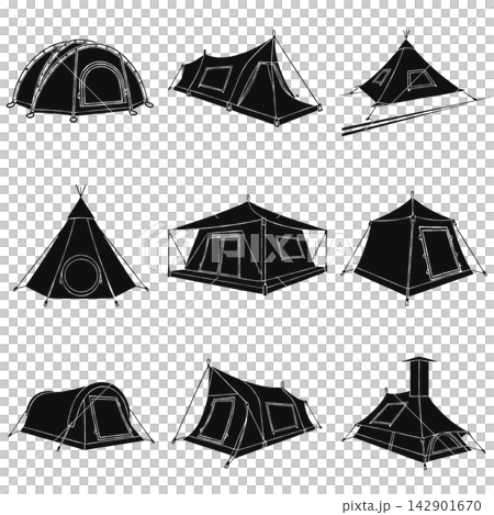 The image shows a set of nine black-and-white vector illustrations depicting various styles of camping tents The image shows a set of nine black-and-white vector illustrations depicting various styles of camping tents 142901670