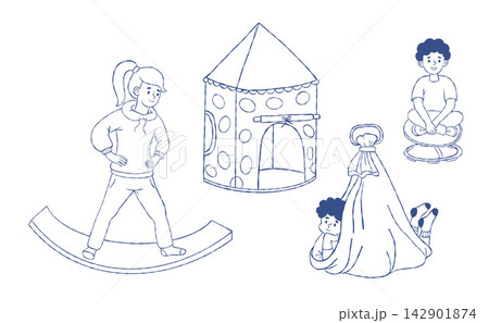 Kids Autism Sensory Therapy Active Play Set. Children Special Education Integration Game. ASD Development Activity Exercise, Wobble Stool Tent, Sack. Isolated Hand Drawn Line Art. Vector Illustration. Kids Autism Sensory Therapy Active Play Set. Children Special Education Integration Game. ASD Development Activity Exercise, Wobble Stool Tent, Sack. Isolated Hand Drawn Line Art. Vector Illustration. 142901874