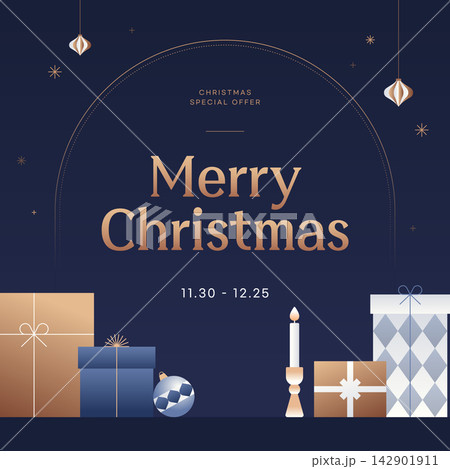 Elegant Merry Christmas sale banner template with luxury gift box and candle vector 142901911