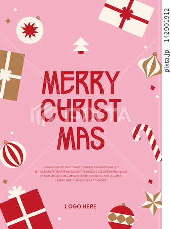 Cute pink Merry Christmas banner vector template with festive gift box ornaments Cute pink Merry Christmas banner vector template with festive gift box ornaments 142901912