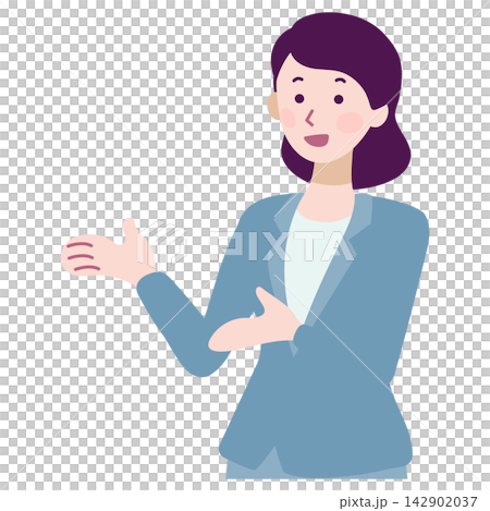一幅插畫,描繪了一位微笑的女商人正在指路和介紹。 一幅插畫,描繪了一位微笑的女商人正在指路和介紹。 142902037
