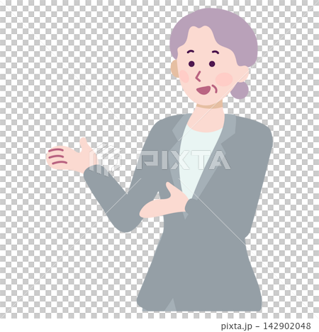 插圖描繪了一位面帶微笑的高級女商務人士一邊指引方向一邊進行講解。 142902048
