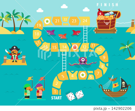 World tour board game template,Funny frame, ladders game,pirate,caribbean,Vector illustrations. 142902206