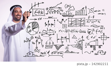 Middle Eastern businessman presenting strategy and growth plans on a whiteboard during a modern corporate meeting 142902211