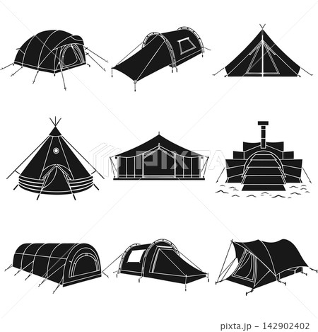 This image presents a collection of nine different black-and-white icons and silhouettes depicting various types of tents This image presents a collection of nine different black-and-white icons and silhouettes depicting various types of tents 142902402