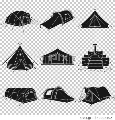 This image presents a collection of nine different black-and-white icons and silhouettes depicting various types of tents 142902402