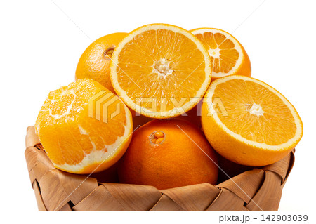 fresh Navel Oranges Whole and Halved Showing Pulp fresh Navel Oranges Whole and Halved Showing Pulp 142903039