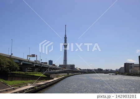 東京スカイツリーと隅田川 白髭橋からの風景 東京スカイツリーと隅田川 白髭橋からの風景 142903201