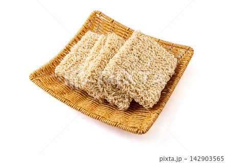 stack of Non Fried Dried Egg Noodle Blocks 142903565