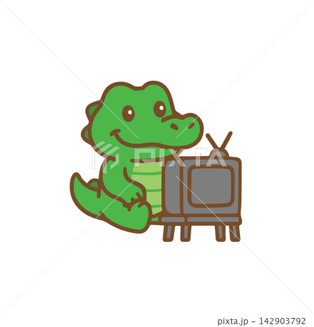 A cute crocodile is watching TV Cartoon Illustration 142903792
