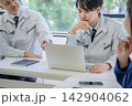 ミーティングで考える作業着のベテランと若手 142904062