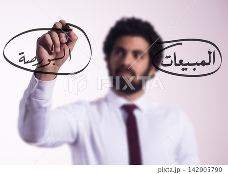 Businessman writing Arabic sales and stock market notes on glass board to illustrate strategy and investment planning Businessman writing Arabic sales and stock market notes on glass board to illustrate strategy and investment planning 142905790