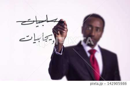 Business professional writing Arabic words on glass board during presentation about positives and strategy 142905986