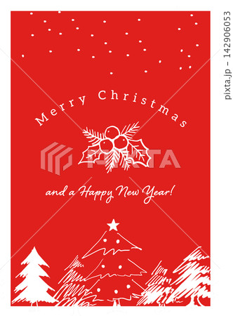 ヒイラギと冬の森を描いた赤いクリスマスカード 142906053