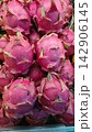 Close up of a pile of fresh pink dragon fruits in a market display 142906145