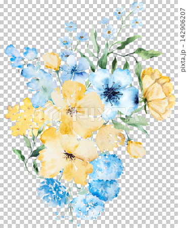 Bouquet with blue and yellow watercolor wildflowers and leaves, floral wedding illustration Bouquet with blue and yellow watercolor wildflowers and leaves, floral wedding illustration 142906207